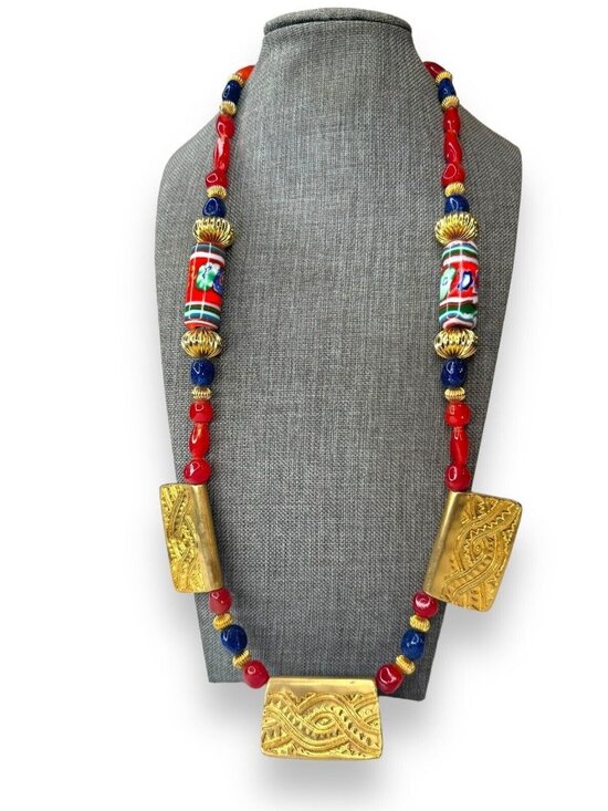 Unbranded Jewelry - Vintage Tribal-Inspired Red, Blue & Gold Statement Necklace 27" Unsigned
